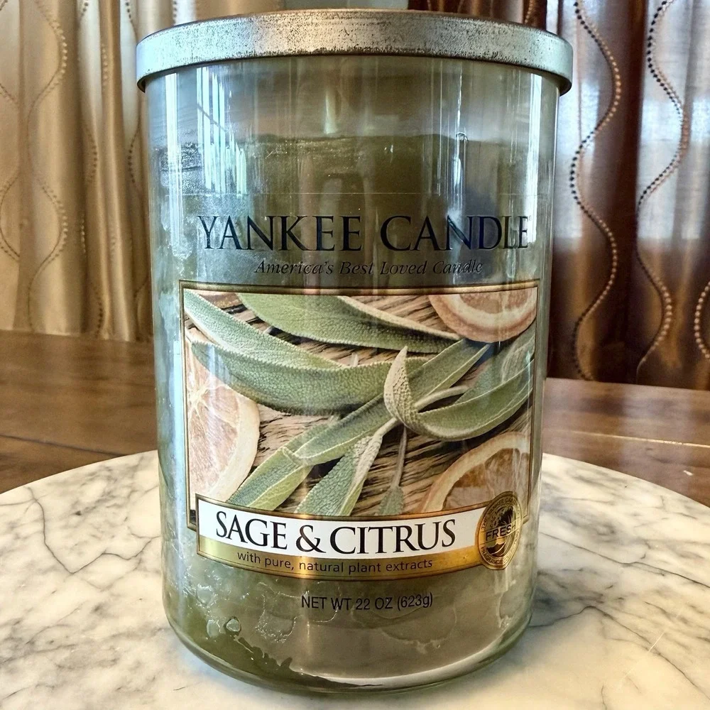 NEW! 22oz‎ Yankee Wax Candle SAGE & CITRUS Large Tumbler Jar Lid Green 85 Hours!